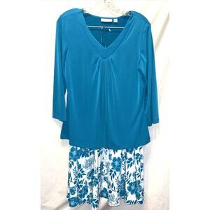 Susan Graver Style Skirt & Top Set Sz Sm Teal 3/4 Slv Floral Print Resort Wear